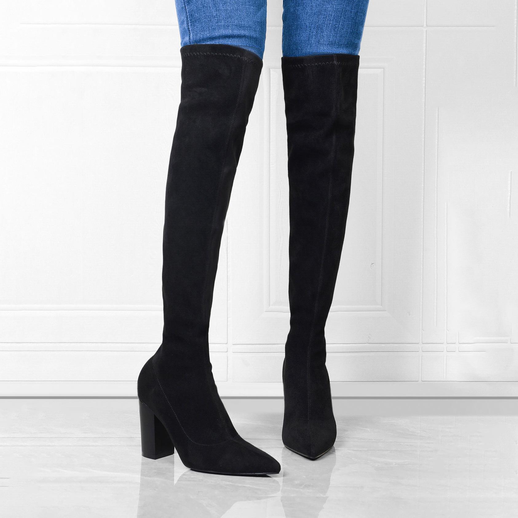 Women s Plus Size Black Pointed Toe High Heel Over-the-Knee Boots - Autumn/Winter Collection US8