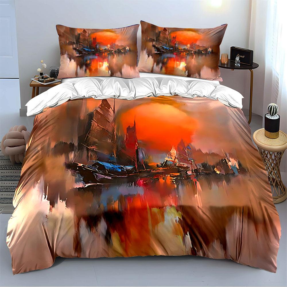 Sunset Sailboat Abstract Art Bedding Duvet Cover Set Duvet Cover Pillowcases  (1*Duvet Cover 2*Pillowcases, Without Duvet Insert)