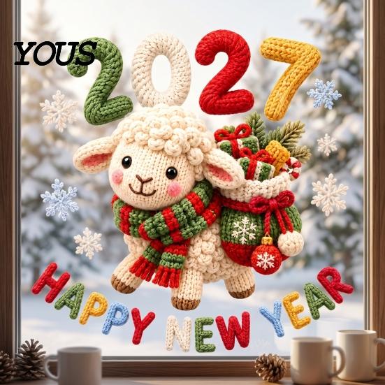 Easy Apply Static Decals Happy New Year Window Cling, 2027 Crochet Sheep Snowflake Holiday Decorative Stickers Glas Sticker, Reusable Christmas