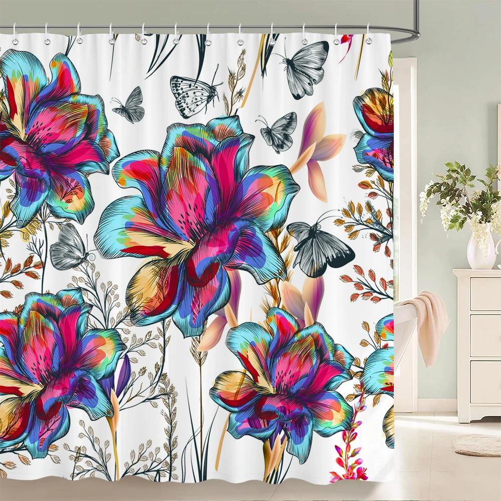 Beautiful Butterfly Shower Curtains Waterproof Fabric Colored Flowers Bath Curtain Bathroom Bathtub Decoration with Hooks