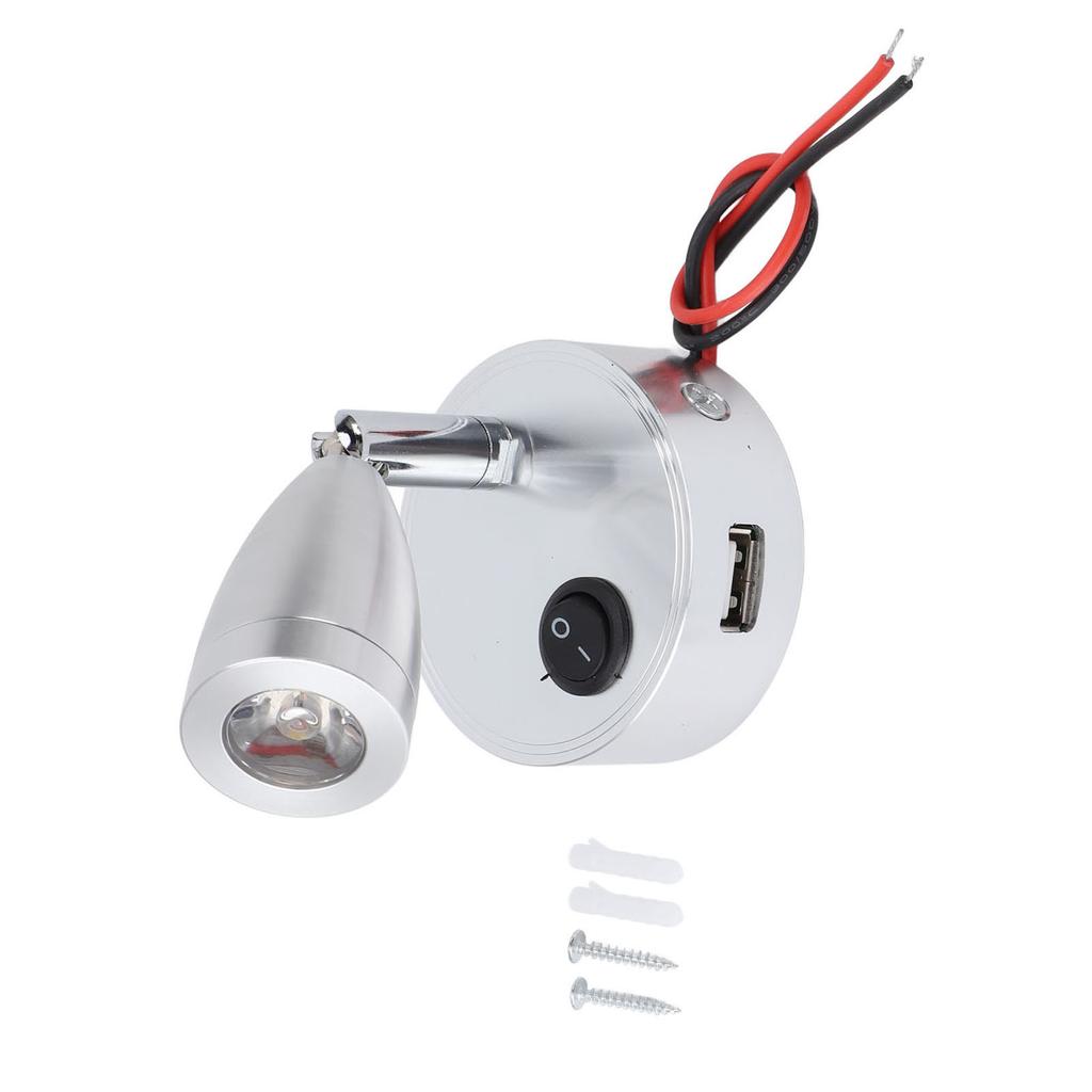 RV Reading Lamp Button Switch 350° Rotatable RV Spotlight with USB Port for Boat Yacht Motorhome 4000K DC10‑30V Silver