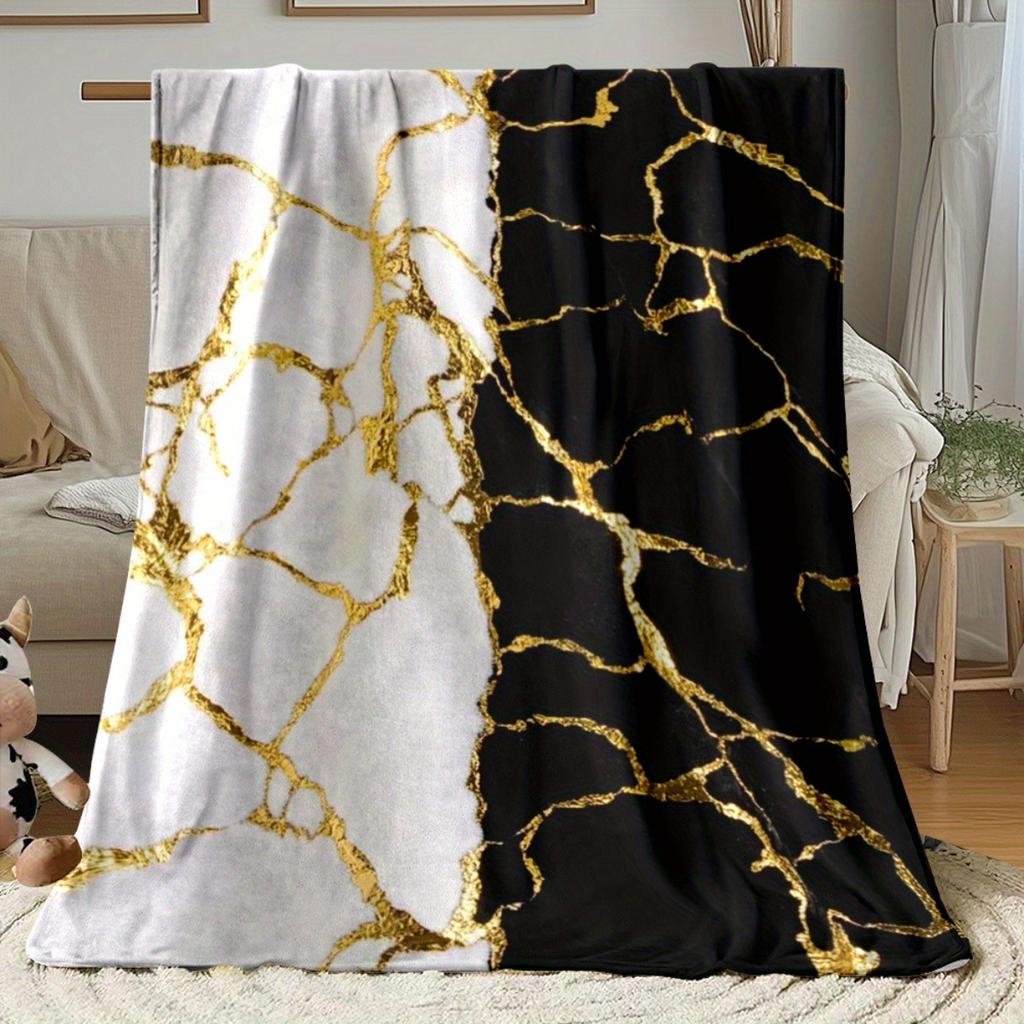 Gold Marble Black White Fleece Blanket Soft Flannel Throw Modern Luxury Home Decor Art Print Bedding Gift For Adults Cozy Style