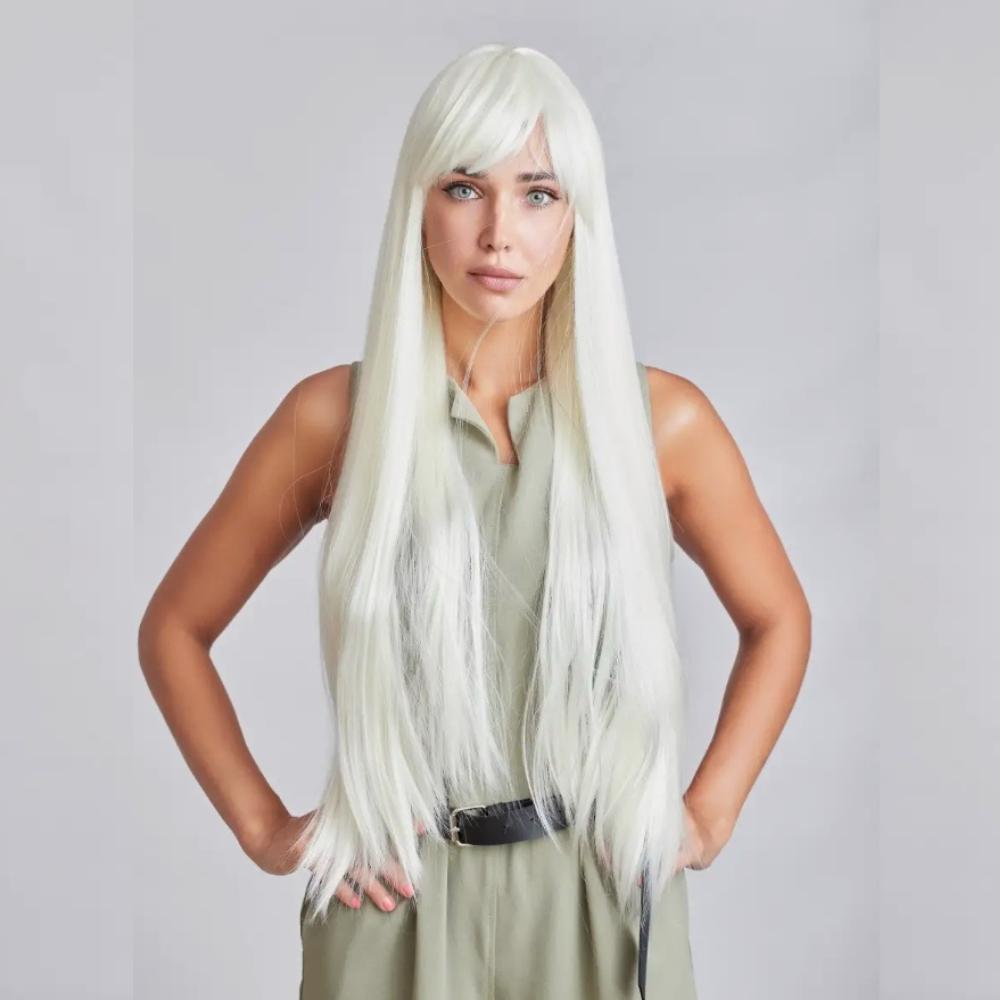 Long white wig 100 cm cosplay anime manga hair straight bangs cap
