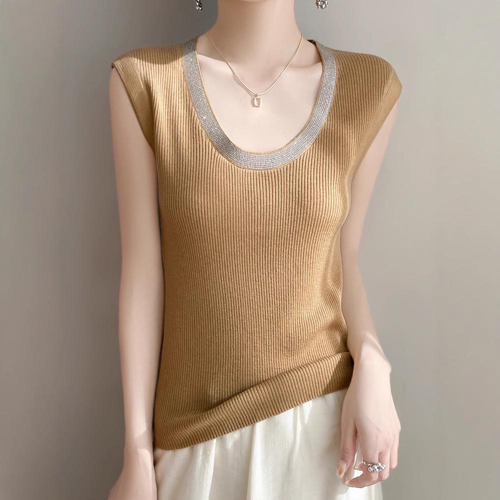 

Rhinestone U-Neck Knit Slimming Tank Top for Women XXL fits 130-145 lbs хаки
