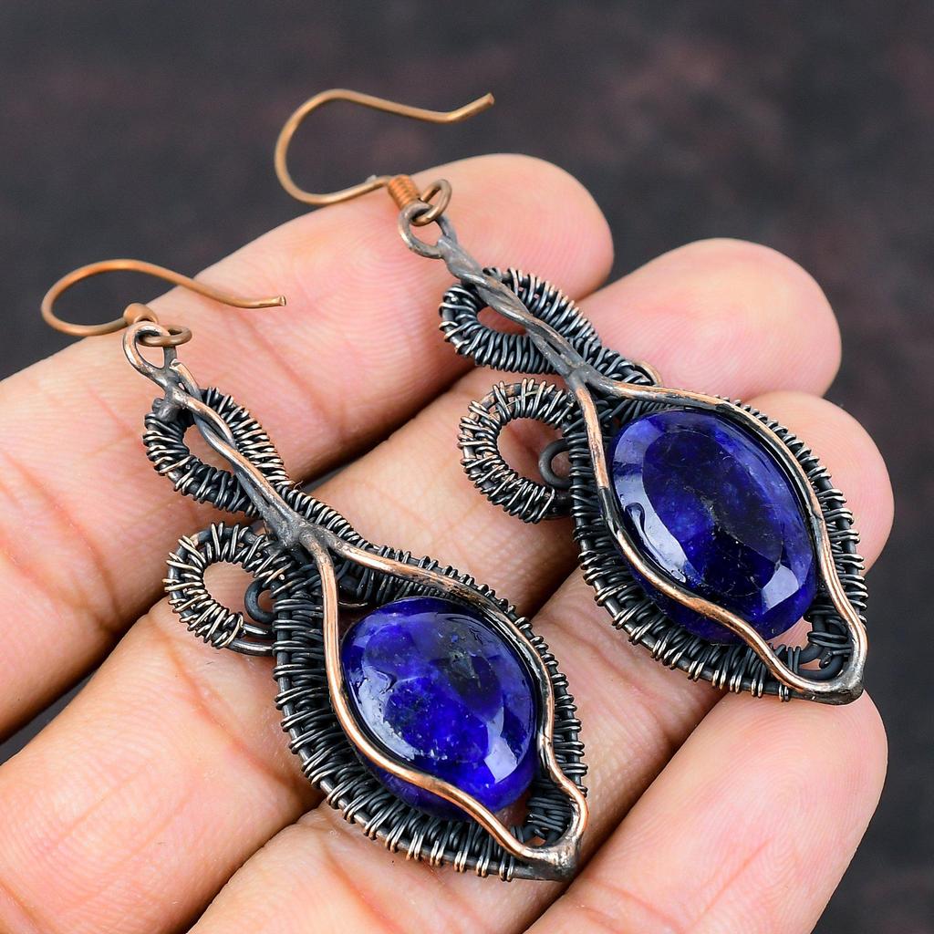 Boucle d'oreille Saphir Bleu Facetté Fil de Cuivre Enroulé Fait Main Boucle d'oreille Fil Enroulé Bijou Pierre Précieuse Bijou en Cuivre Boucles d'oreilles Pendantes Cadeau pour Mère
