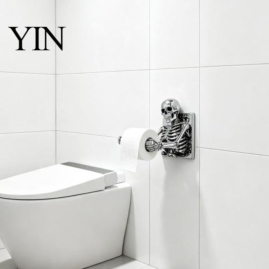 Spooky Restroom Wall Art Skeleton Toilet Paper Holder, Mount Skull Tissue Gothic Bathroom Decor Roll Organizer Stand, Halloween Decoration for