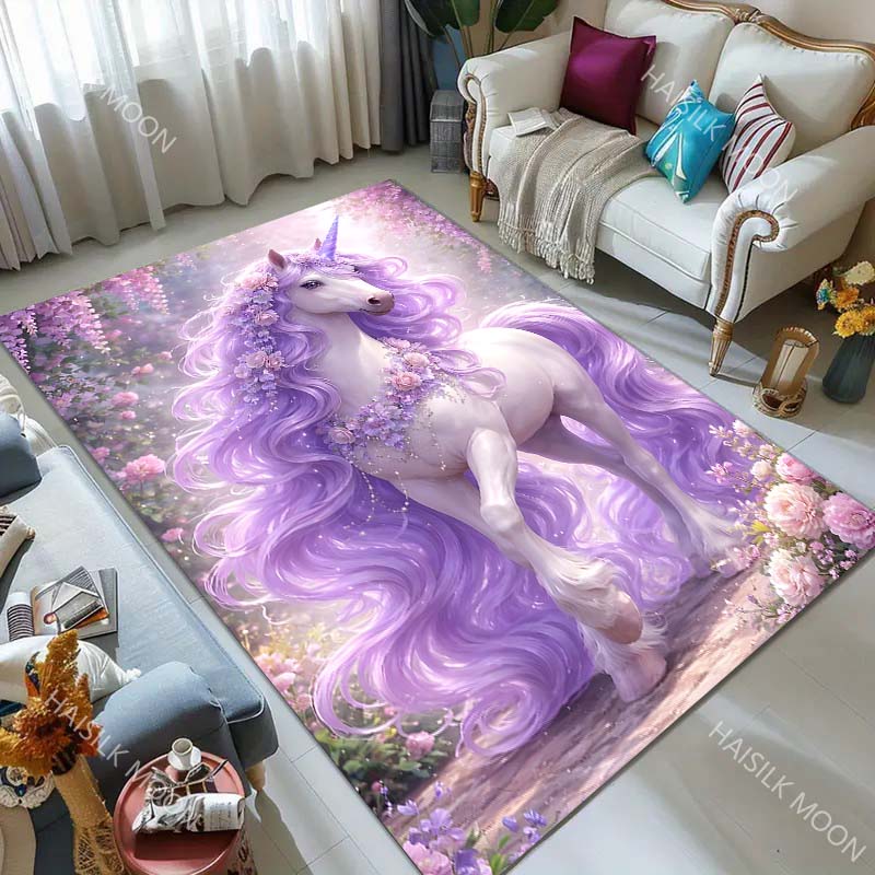 1PC Purple unicorn with flowers Carpet for Living Room Bedroom Sofa Home Decor Rus Non-slip Floor Mat Luxury Gift