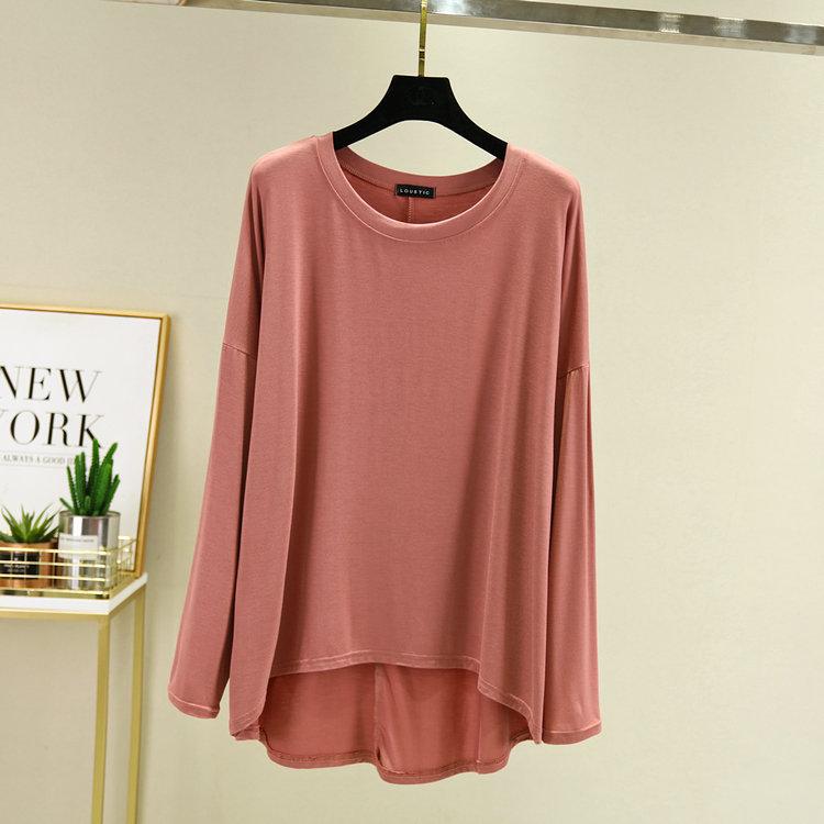Women's Loose Crew Neck Long Sleeve Modal T Shirt Thin Solid Color Casual Spring Summer Outerwear Basic Layering Top Plus Size
