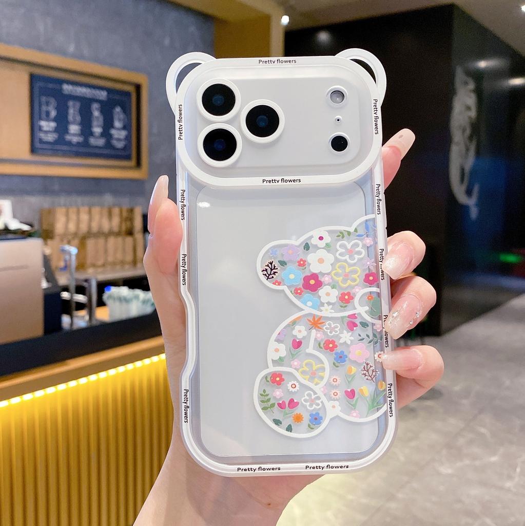 Korean Cute Flower Bear Ears Crossbody Lanyard Case For iPhone 17 16 15 14 13 12 11 Pro Max XS Max 7 8 Plus Cover Women Girl's