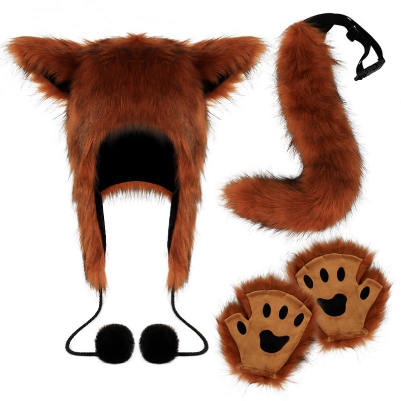 Plush Fox Tail Hat Gloves Set Cosplay Costume Accessories Party Halloween Christmas