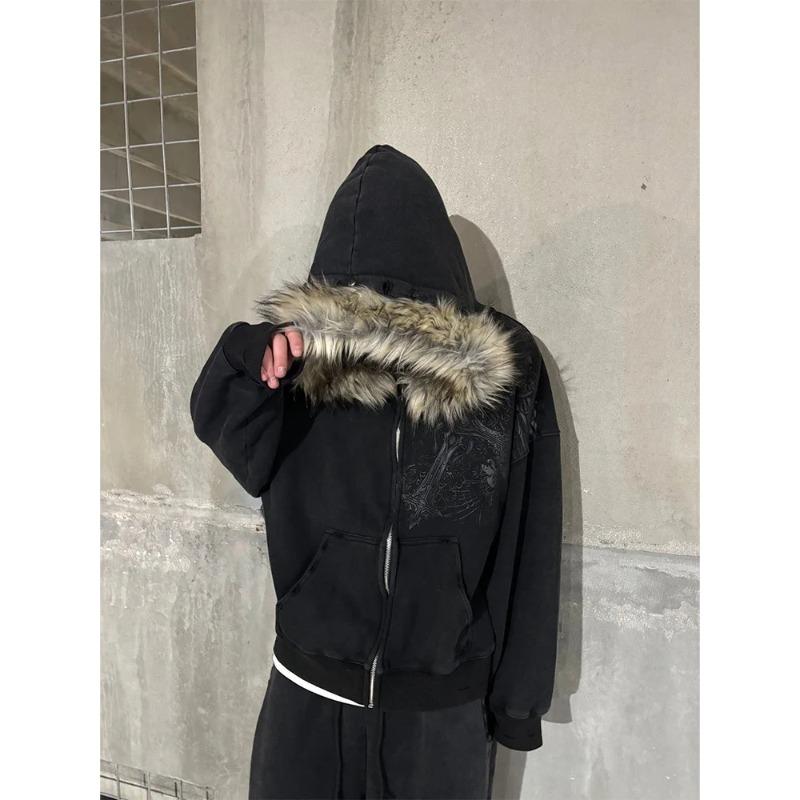 Autumn Winter Y2k Women Aesthetic Harajuku Faux Fur Collar Hoodies Clothes Graphic Hip Hop Punk Gothic Zip Up Hoodies