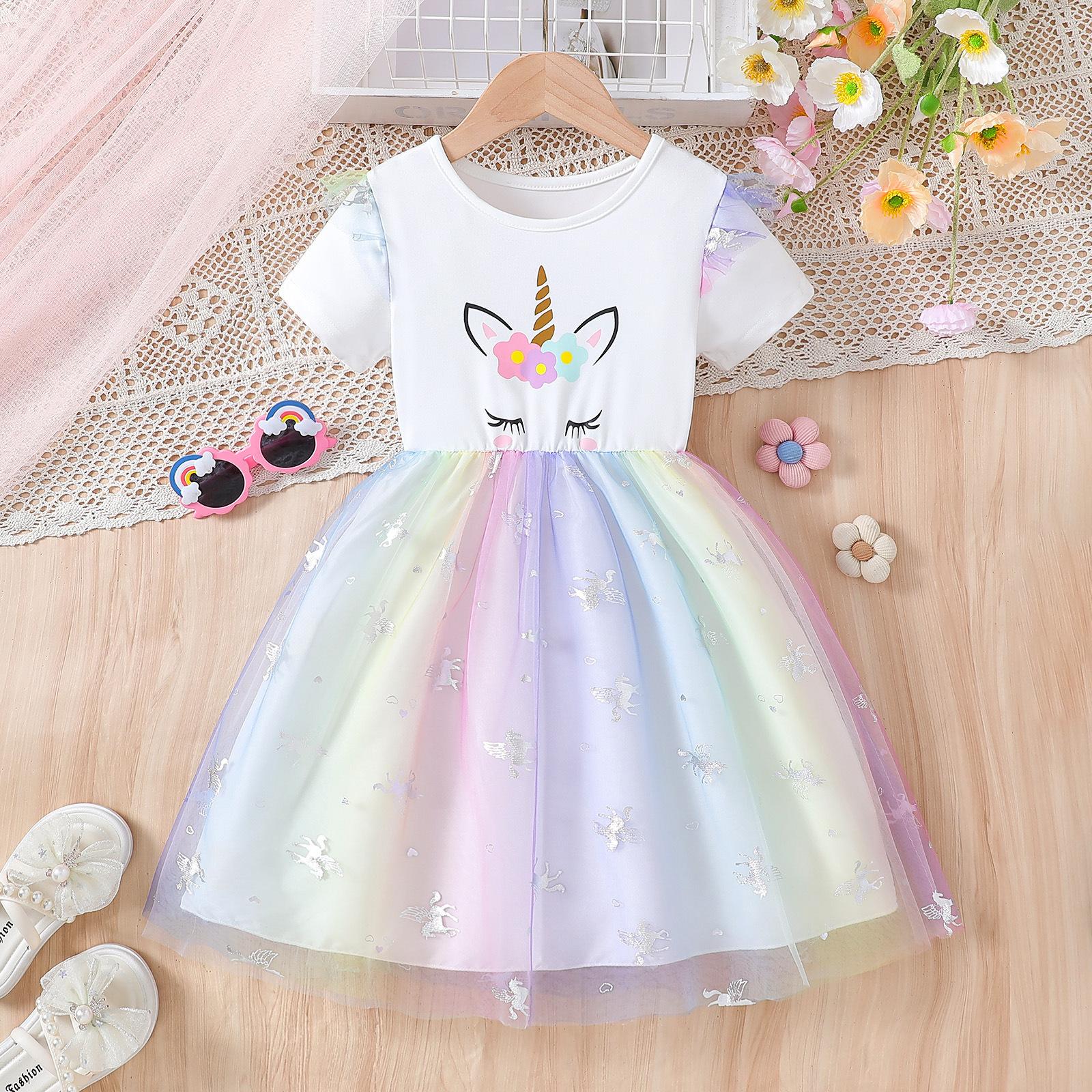 

Girls Princess Dress Summer Children s Fashion Cartoon Rainbow Puffy Dress 130cm【7-8】 білий