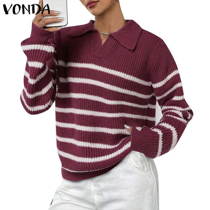VONDA Winter Women Sweaters Lapel Striped Long Sleeve Pullovers Jumpers