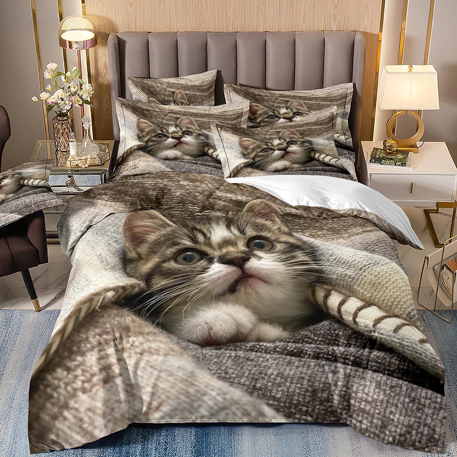 

Милый кошачий постельный комплект Домашнее украшение спальни Мальчик Девочка Пододеяльник Наволочка Детские комплекты одеял подарок 2/3 шт. 135x200cm