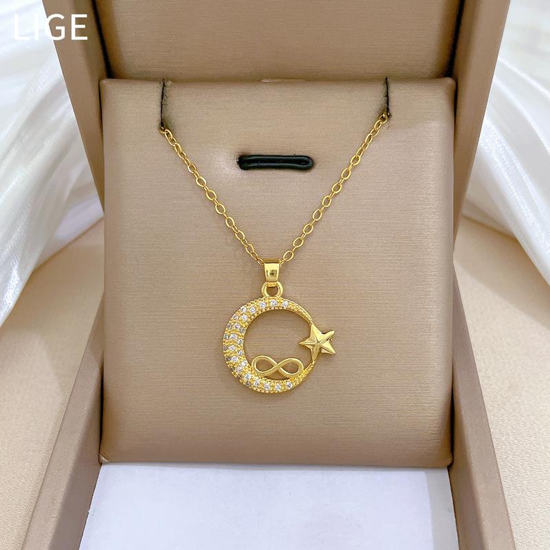 Star Moon Full Diamond Light Luxury Temperament Gorgeous Full Diamond Necklace Female Versatile Collarbone Chain Titanium Steel Chain