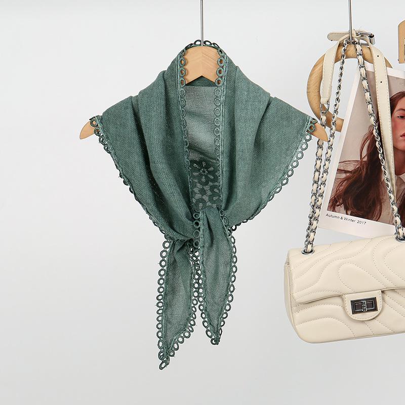 Korean Retro Color Block Cotton Linen Scarf for Women: Spring/Autumn Lace Triangle Headscarf
