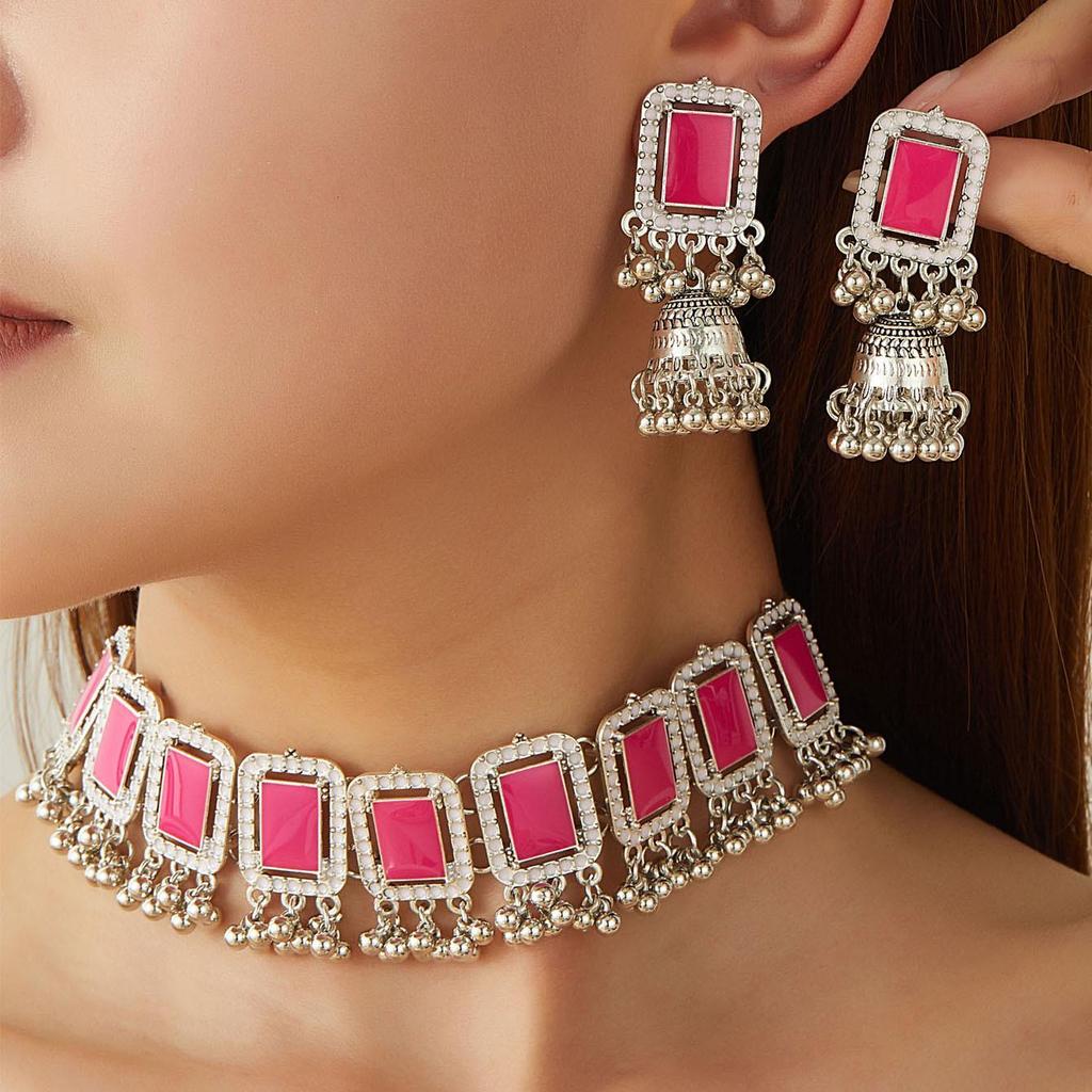 Bohemian Rhinestone Bell Tassel Earrings & Geometric Necklace Jewelry Set for Women