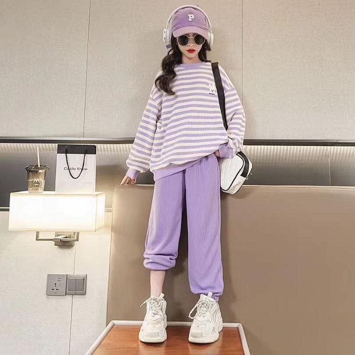 

«Комплект из полосатой корейской кофты и брюк для девочек — спортивная одежда для детей на осень/весну» 170 cm