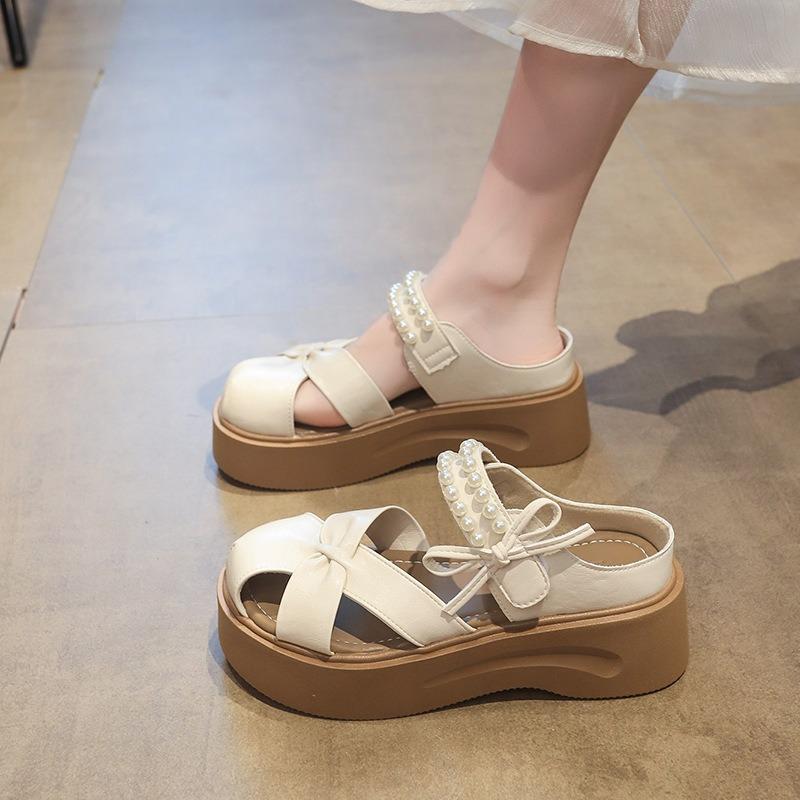 Thick-soled Muffin Cool Slippers for Women's Summer Wear New Fashionable Pearl Bow Heightening Comfortable Beach Sandals
