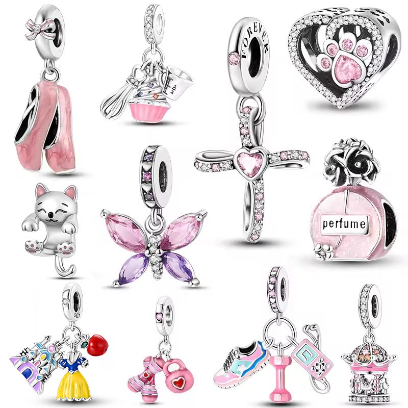925 Silver Pink Cute Lovely Butterfly Perfume Girl Charms Beads Fit Bracelet DIY Making For Woman Jewelry