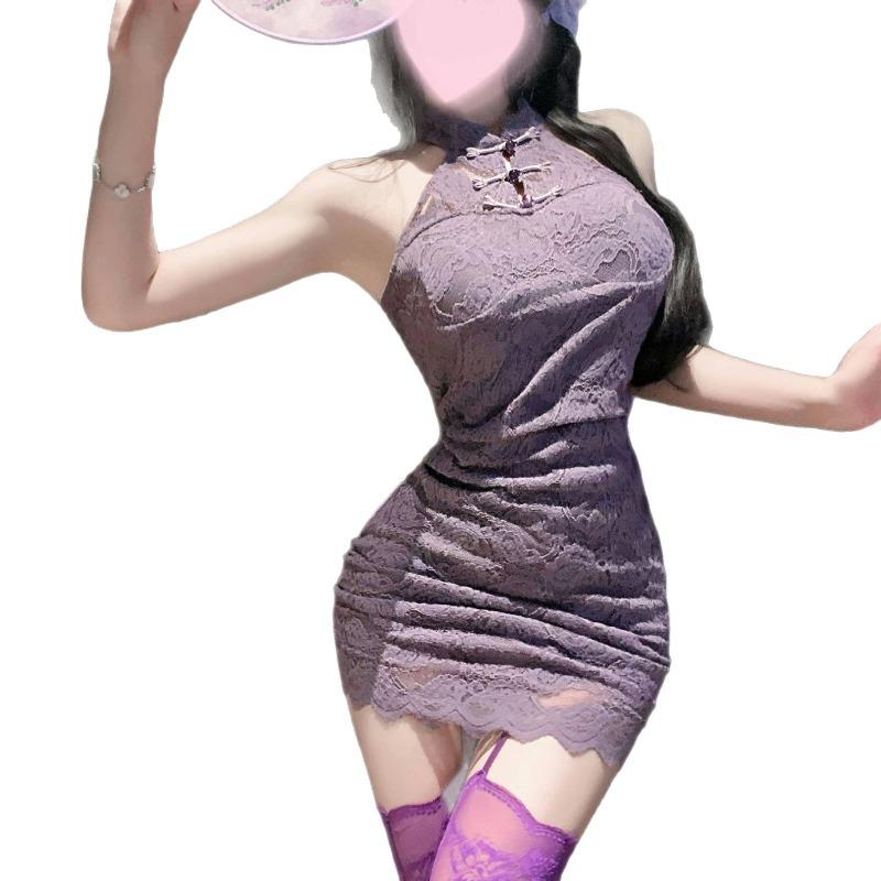 Sex underwear sexy disc buckle lace stand-up collar cheongsam pure desire hot girl purple neck cheongsam woman