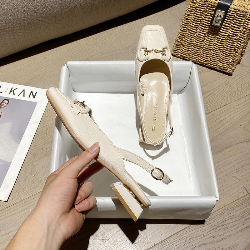 Leather sandals women's beige bag head back empty wear summer 2025 new light mouth soft sole thick heel Mary Jane single shoes
