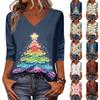 Women's Christmas Print V-Neck Three-Quarter Sleeve Loose Fit Casual Shirt