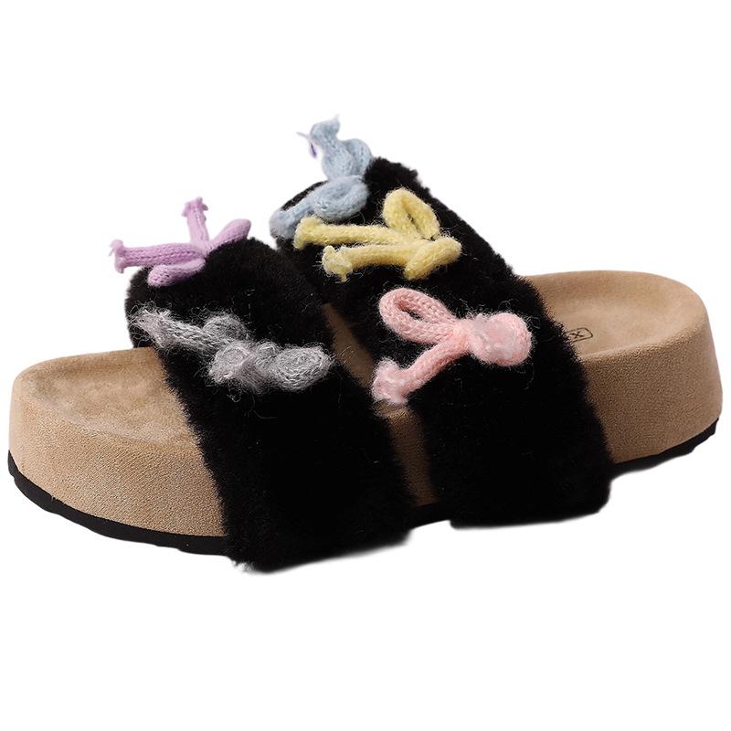 Versatile color matching bow slippers Korean version design sense autumn fashion niche one-word casual shoes girls Mao Mao drag