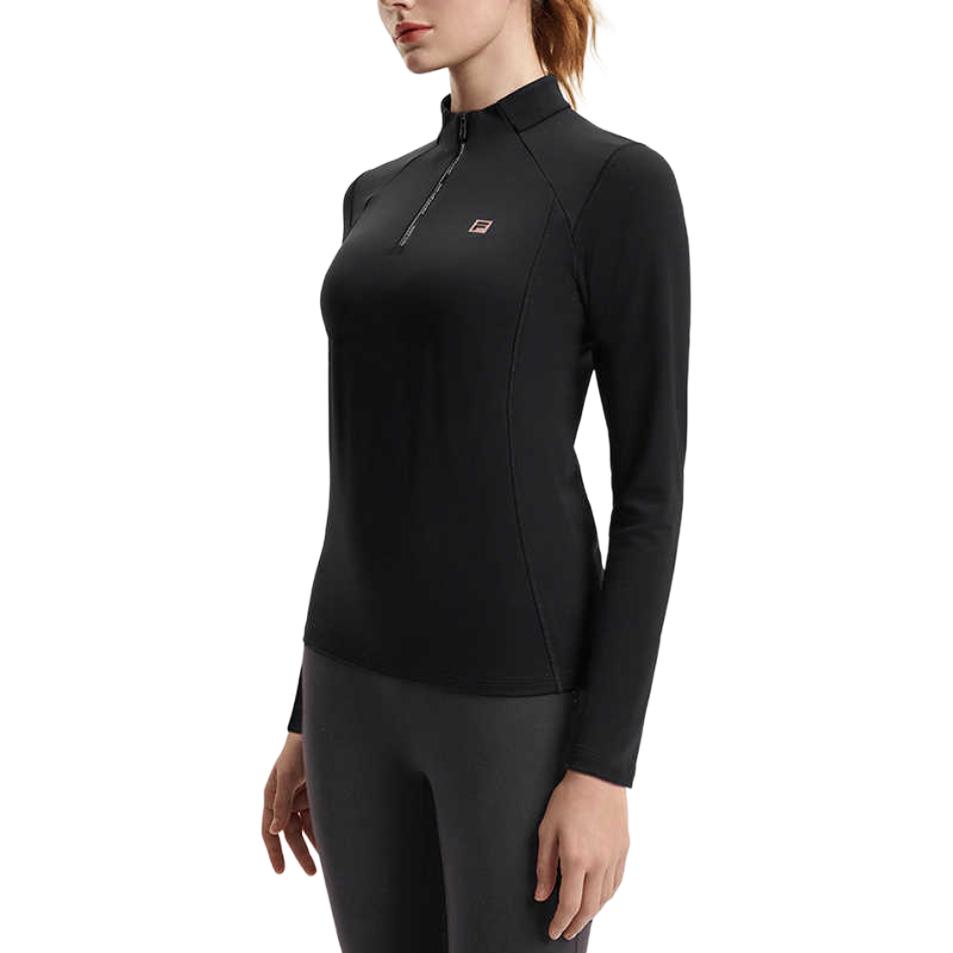 FILA Fleece Mock Neck Half-Zip Knit Long Sleeve T-Shirt Women Tops Deep-Black A11W511218FBK