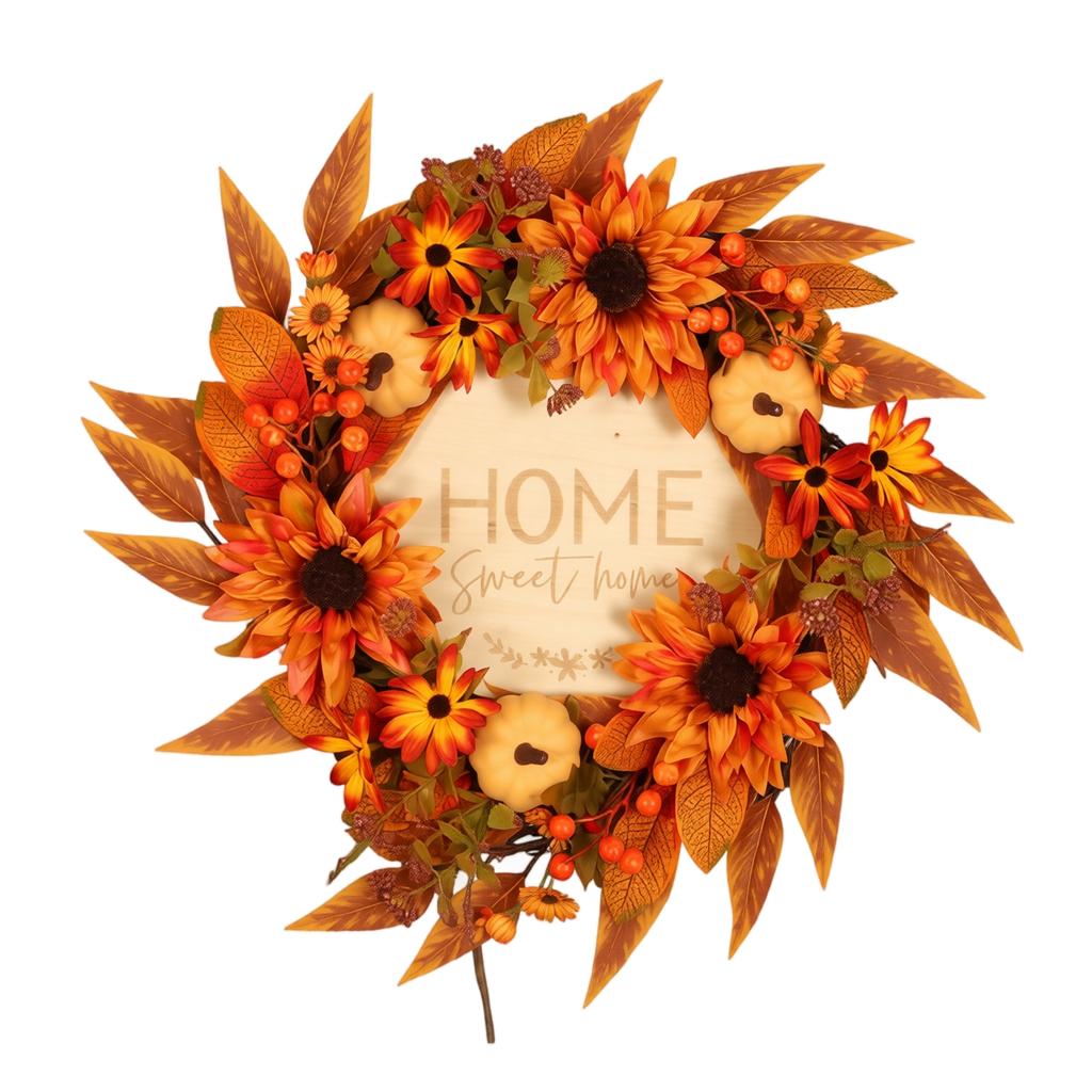 Autumn Harvest Pumpkin Wreath with Artificial Sunflowers and Daisies Home Door Hanging Decoration Fall Front Door Wreath