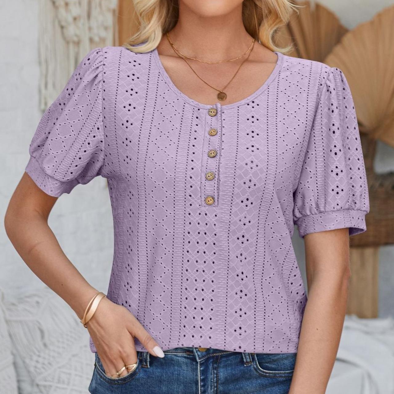 

GMXIA женские модные повседневные летние весенние однотонные свободные блузки и рубашки с короткими рукавами и пуговицами с круглым вырезом и круглым вырезом L фиолетовый