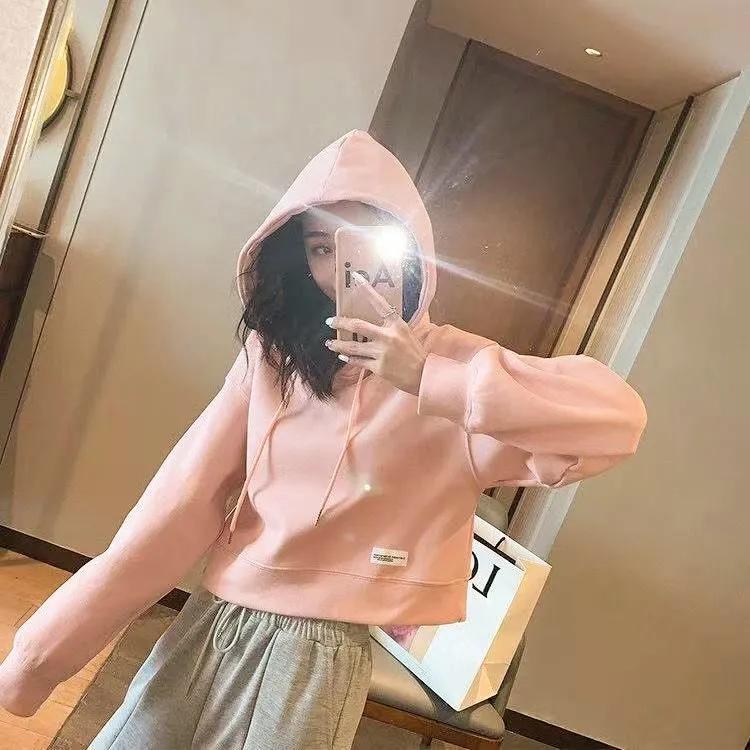 Kapuzenpullover Bonbonfarbenes Kapuzensweatshirt Damen Kurz Langärmlig Frühling und Herbst Einfarbig Tide Dünner Pullover Jacke Oberteil