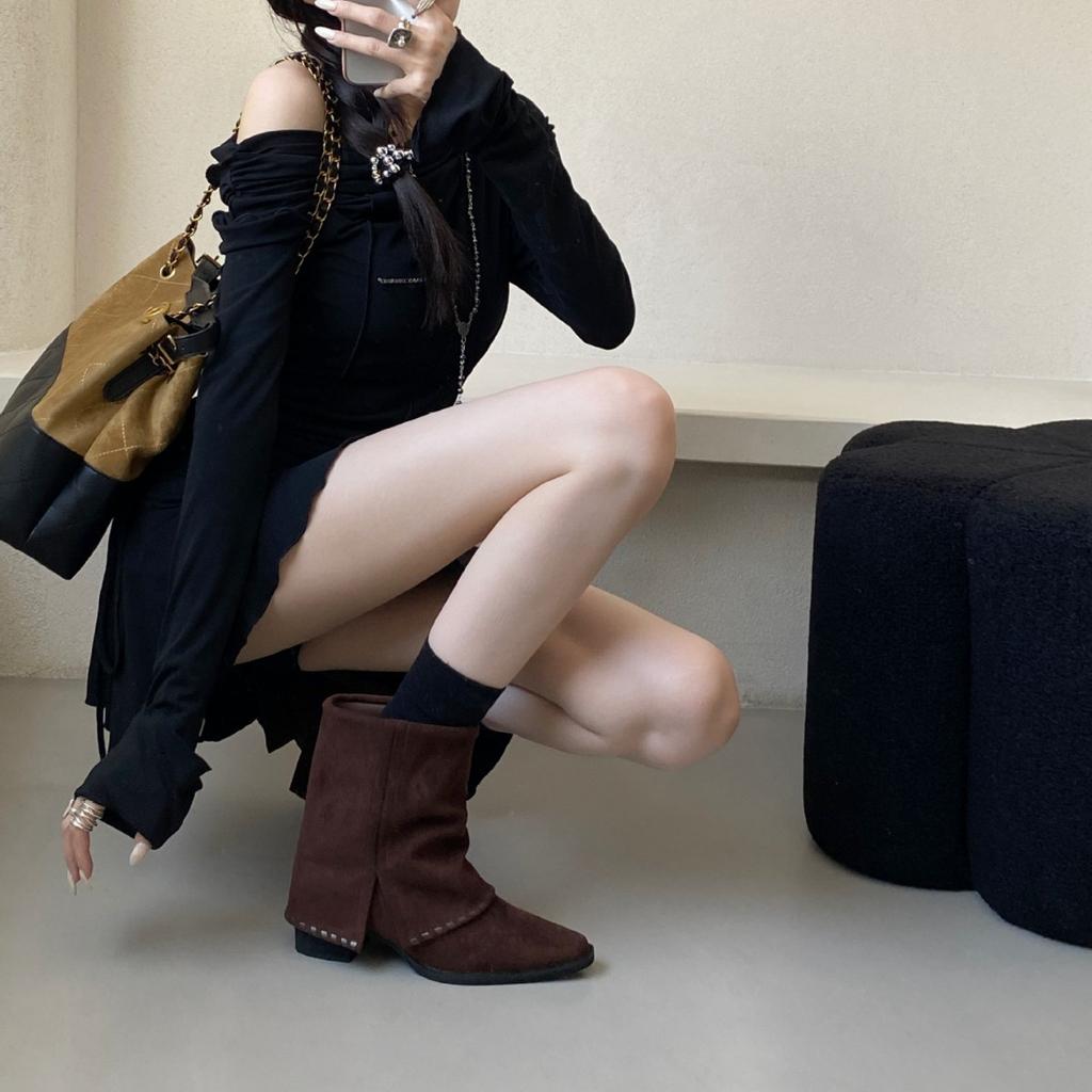 New spot new pointed high-heeled short boots women's 2025 leather heightened trousers boots women's thick-heeled Spice Girls autumn and winter