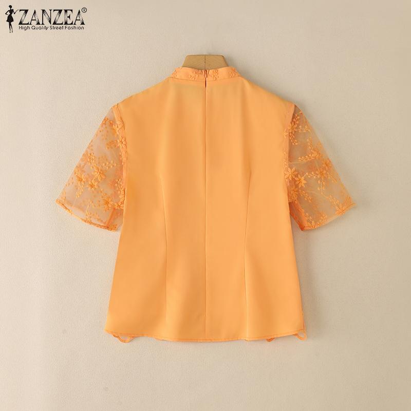 ZANZEA Bluză casual de damă cu guler înalt, mânecă scurtă, patchwork cu broderie din dantelă