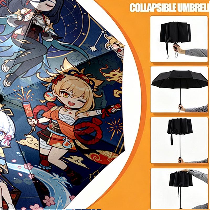 Custom Name Personalized Genshin Impact Print Umbrella, Auto Open Close, 8‑Rib Sturdy Frame, Commute Camping Hiking Use, Birthday Gift