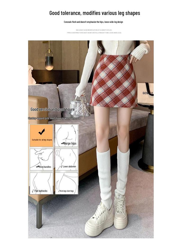 Women's Red Plaid Wool Midi Skirt: Spring Autumn Winter 2024, Slimming High Waist, A-line Bodycon Mini