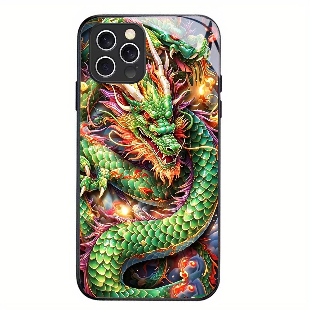 Dragon Black Glass Phone Shell For iPhone 16 Plus 15 Pro 14 13 12 Pro Max Soft Silicone Shock Absorption Drop Proof Shell Case