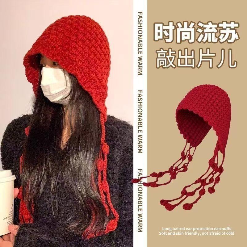 Fashion West Sichuan Travel Red Hollow Knitted Baotou Hat Female Face Small Fringed Wool Hat Cover Cold Hat Female