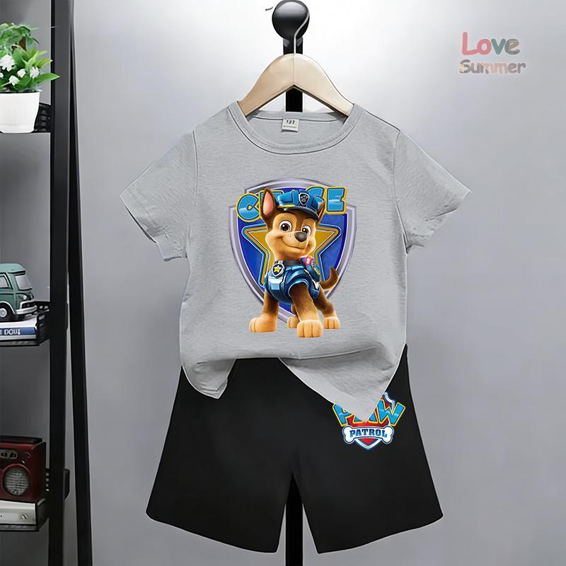 Chase Print T-Shirt Shorts Anzüge, Geeignet für Jungen Paw Patrol Perfekt für Alltags-Kleidungssets Freizeitkleidung Outdoor-Aktivitäten