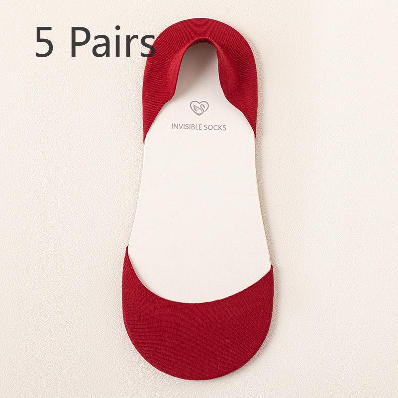 5 Pairs Red Socks Women's Short Boat Socks No Leak Edge Ultra-shallow Mouth with High Heels No Trace, Non-slip Invisible No Drop Heel