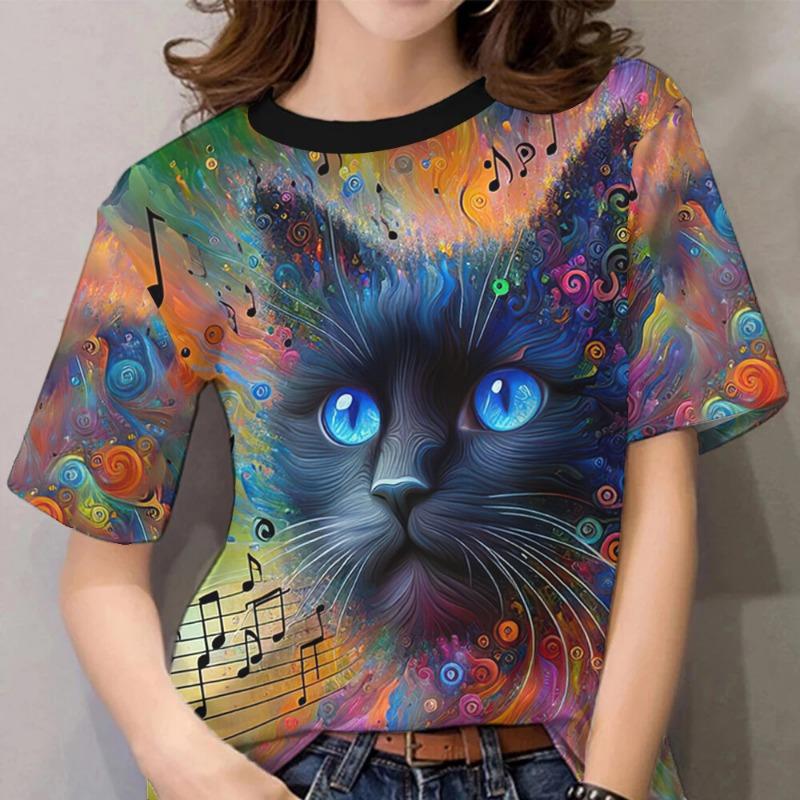 For Women 3d Cat Pattern Shirt, Daily Classic Short Sleeved Round Neck Women's Clothing Fashion T-shirt