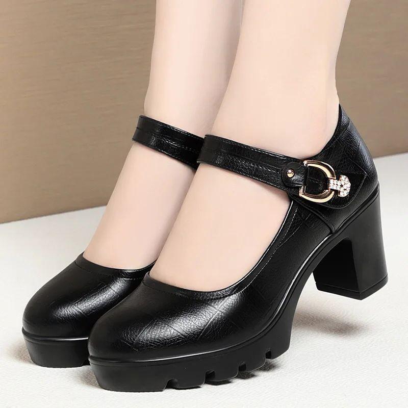 Women Casual Soft Leather High Quality Square Heel Pumps Fashion Spring Summer Black Shoes  For Office Model Elegant 2025