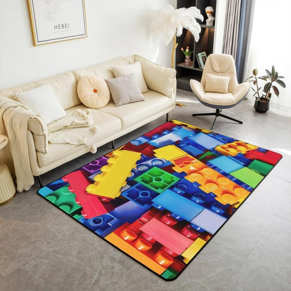 Rainbow Building Blocks Inspired Carpets for Living Room Decor Construction Carpet for Boys Girls Bedroom Washable Entrance Rug