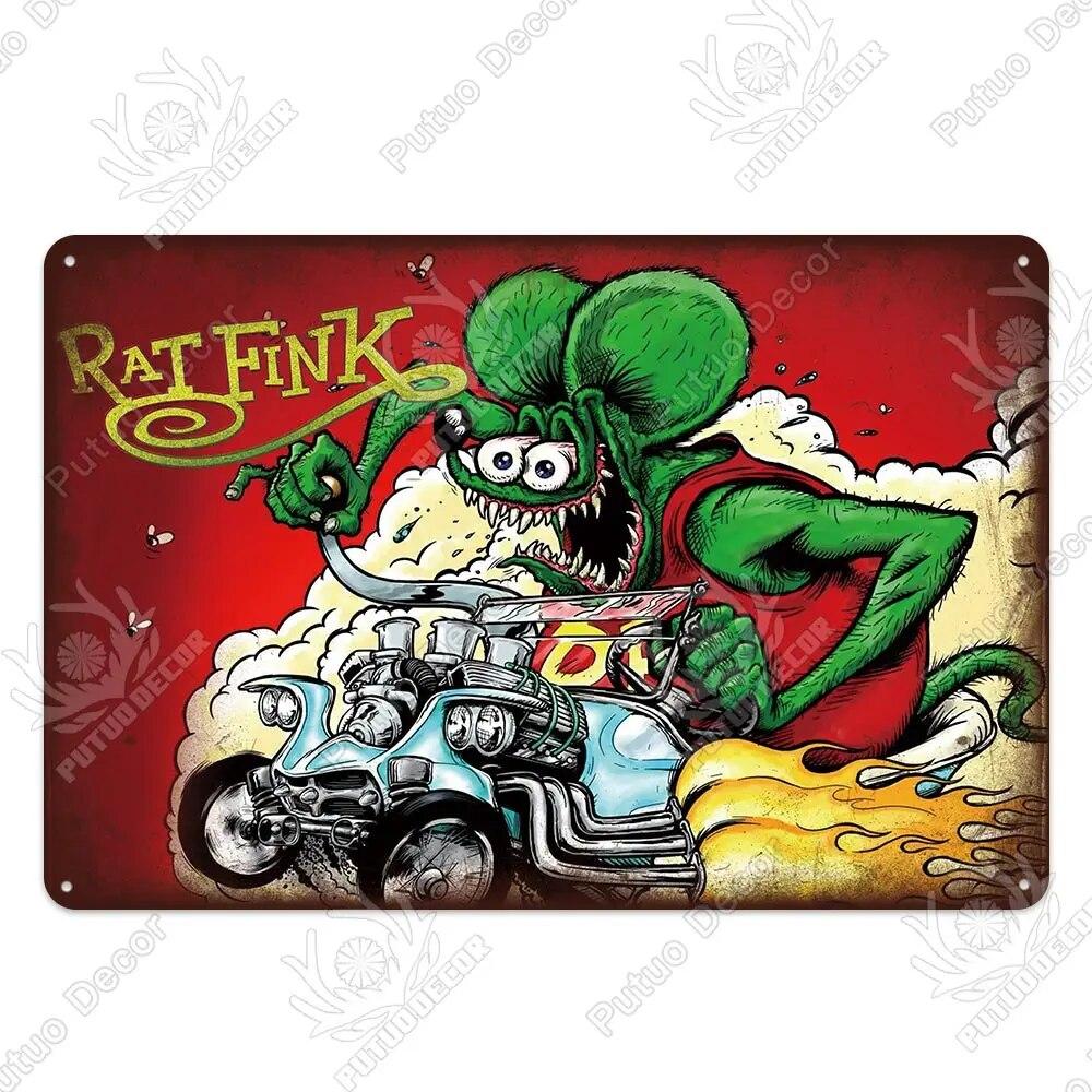 

Putuo Декор Rat Fink Модифицированная Автомобильная Культура Винтажная жестяная вывеска Металлические знаки для гаража Человек Пещера Бар Паб Клуб Украшение Настенный декор 20x30cm