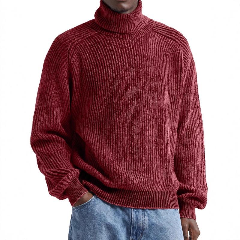 Mens Ribbed Knit Turtleneck Sweater Casual Washed Solid Color Loose Fit Pullover
