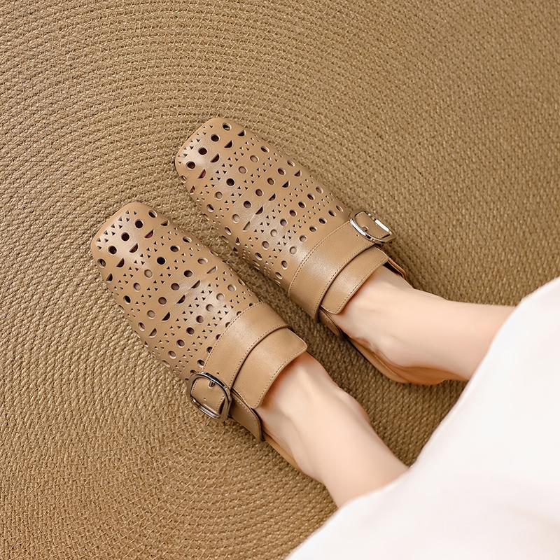 Fashion 2025 Summer Women Mules Genuine Leather Women Shoes Square Toe Chunky Heel Cover Toe Sandals Hollow Out Modern Slippers