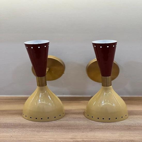 Italian Mid Century Brass Wall Sconce Pair Stilnovo Style Light Set of 2