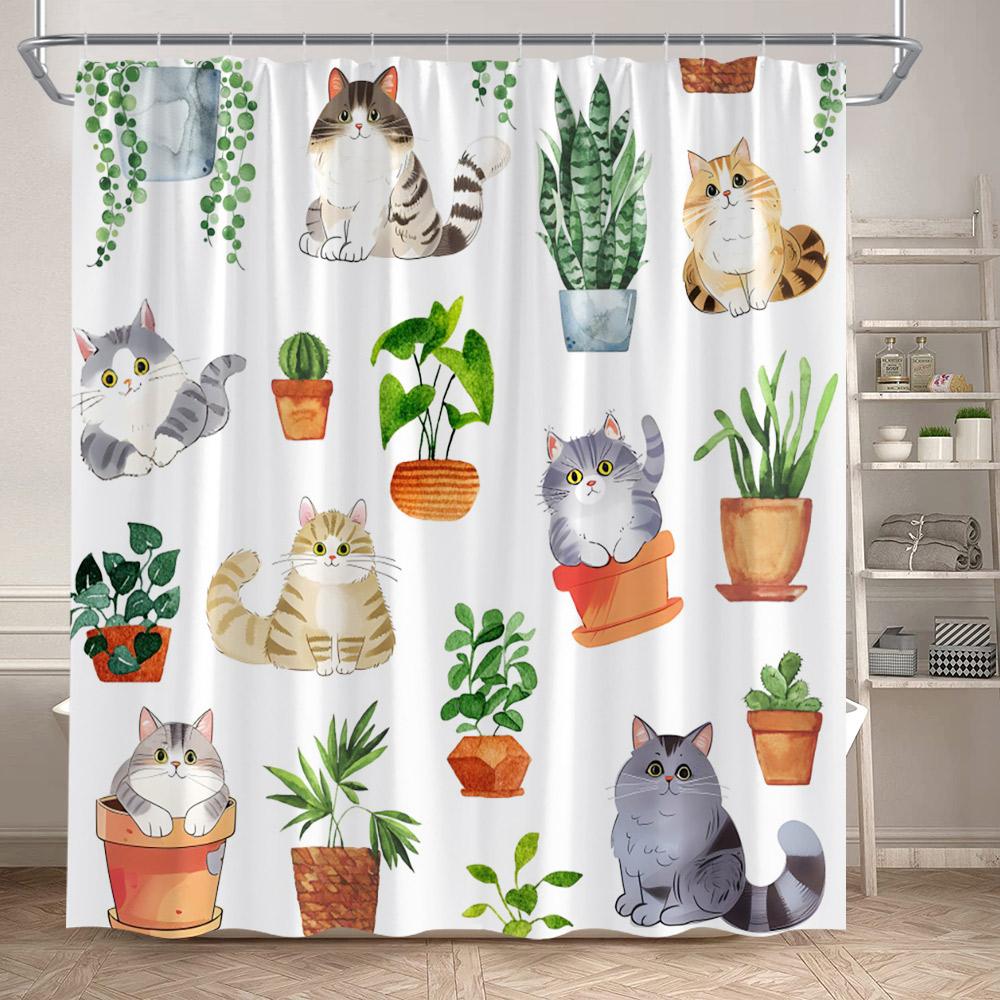 Funny Cats Shower Curtains Cute Cartoon Animal Pet Floral Bath Curtain Set Polyester Fabric Black Bathroom Decoration with Hooks