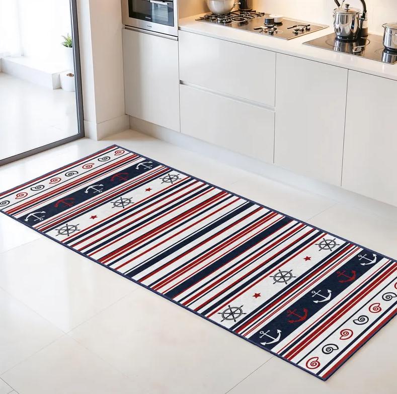 

Смугастий килимок-доріжка з морським якорем, дизайн у стилі моряка, нековзний килим для декору вітальні, спальні, коридору, передпокою 40X120CM