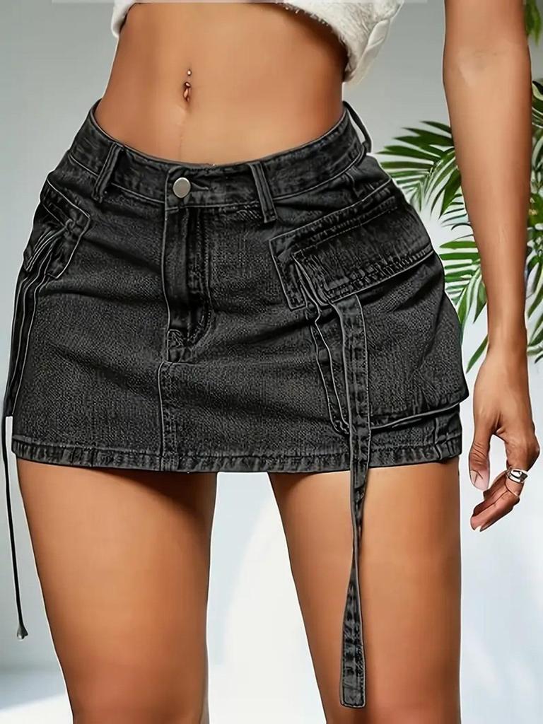 Amerikanischer Retro-Denim-Arbeitsrock für das spicy Mädchen mit Bändern & großen Taschen